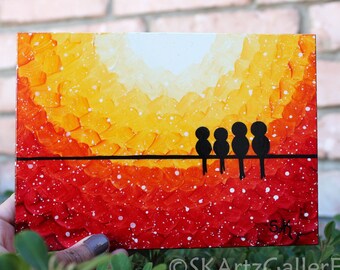 Family birds art, Mini birds painting, Birds on wire, Mini art with easel, orange sunset art, Miniature painting, 4 birds art, 5x7 painting