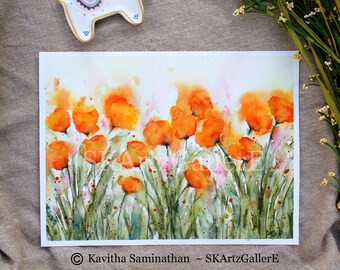 Original watercolor painting, California poppies painting, 9x12 watercolor poppies field, loose floral painting, orange poppies artwork