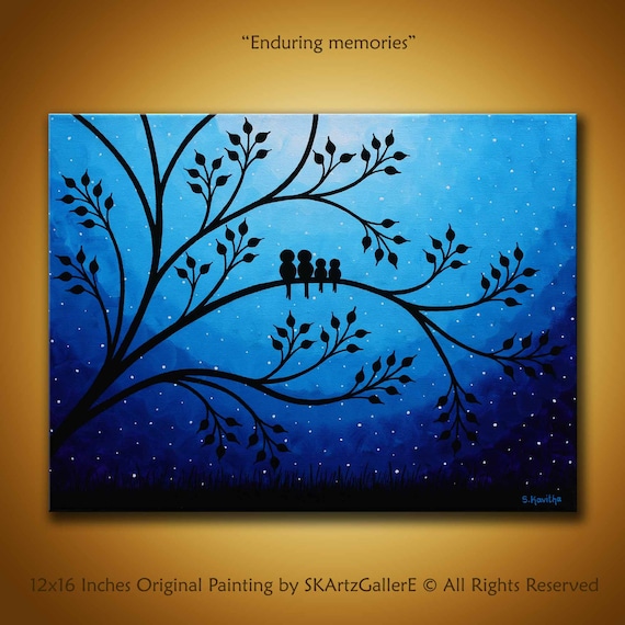 Family Birds Paintingblue Canvas Art On Tree Painting - Branch Wall Art Painting Family Birds Paintingblue Canvas Art On Tree Painting - Branch Wall Art Painting