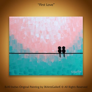 Love birds Painting, Original birds art, Pink Aqua abstract, 8x10 painting, Birds on wire Art Girls room decor, Love birds gift wall art