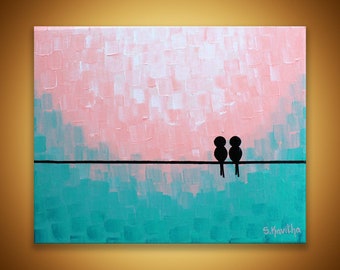 Love birds Painting Original birds art Pink Aqua abstract 8x10 Canvas art Birds on wire Art Girls room decor Love birds gift wall art