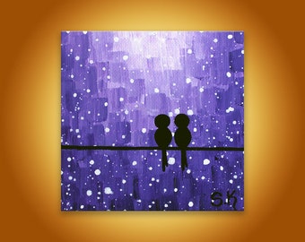 Love birds Painting, Original Artwork, Nightscape art, purple painting Mini Canvas art, love birds artwork, Canvas Mini painting, Mini Easel