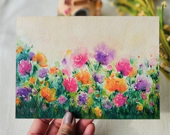 Original watercolor painting, floral landscape painting, colorful floral landscape, spring painting, loose watercolor florals, 5x7 artwork