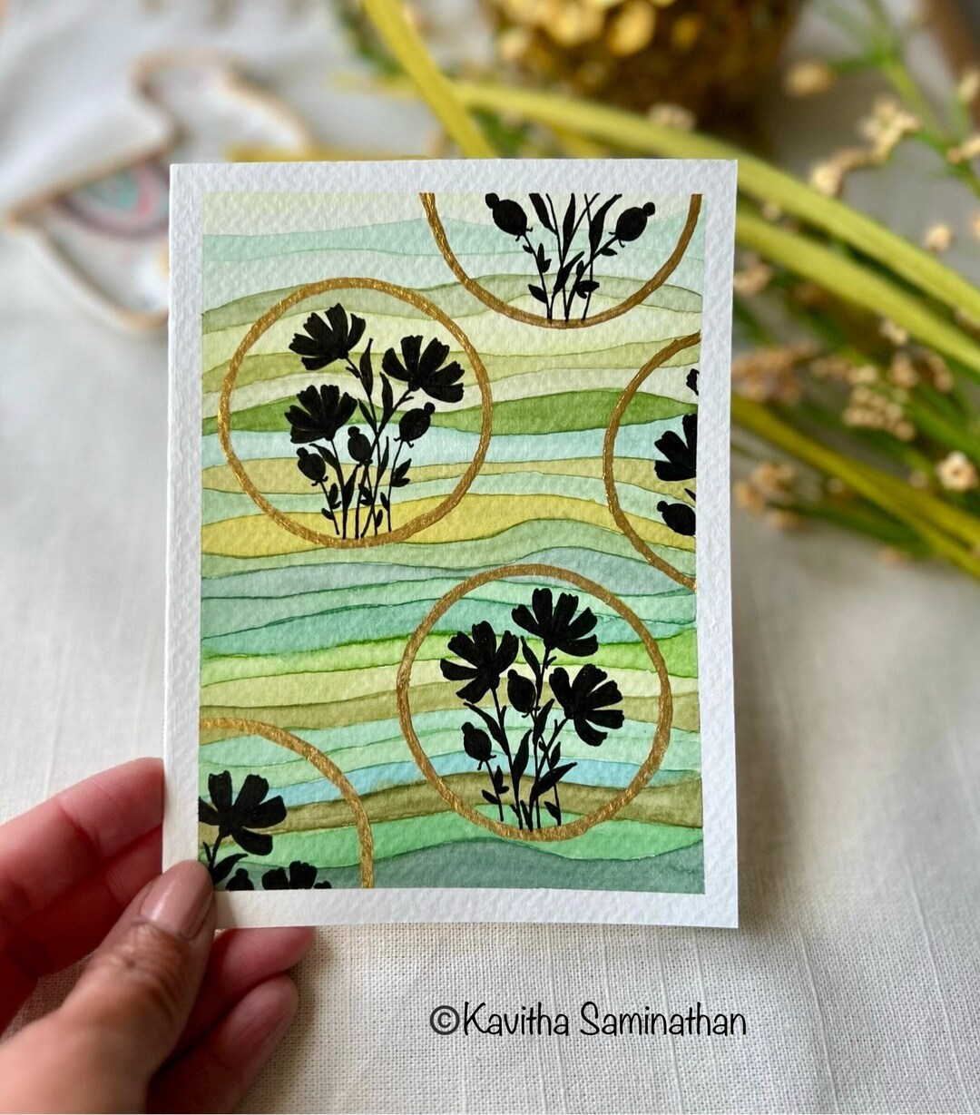 Hand Painted Watercolor Greeting Card, Green Gold Wildflowers - Etsy