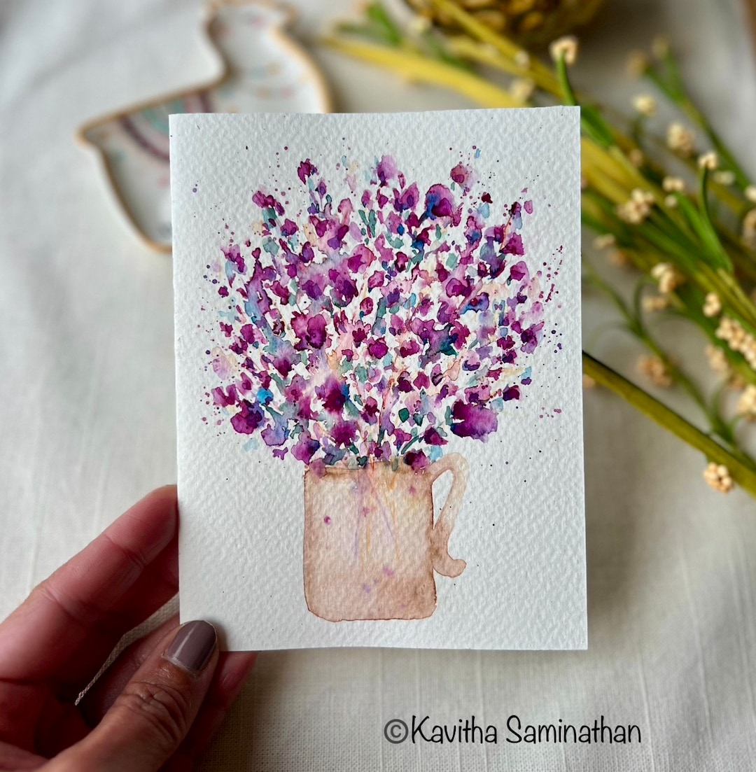 Hand Painted Purple Flowers Watercolor Greeting Card - Etsy