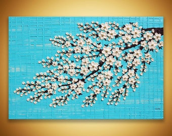 Textured Cherry Blossom Painting, Turquoise and Gold, 3D Floral Wall Art, 24x36