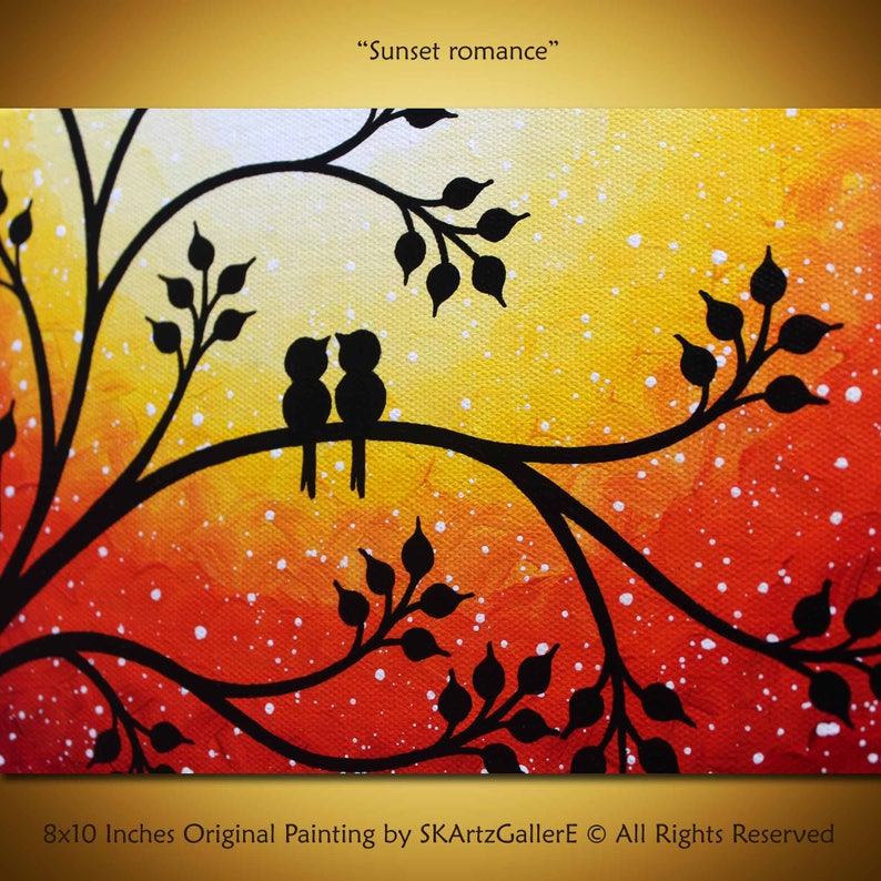 Love Birds Painting Original Sunset Art 8x10 Canvas Yellow Orange ...