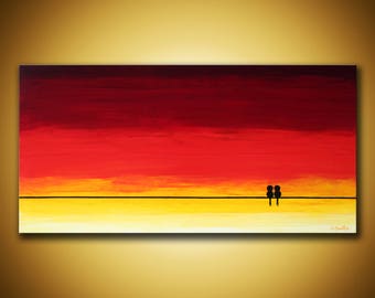 Love birds Painting, Original birds on wire art, Abstract sunset Yellow orange Red Modern wall art, 12x24 contemporary art Anniversary gift