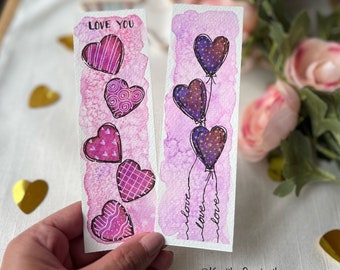 Set of 2 Hand painted bookmarks, Watercolor artwork, valentines Bookmarks, purple bookmarks, gifts for her, book lovers gift, pink bookmarks