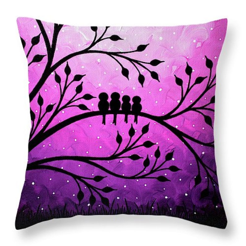 Purple Throw Pillow Family Birds Art Pink Black Decorative Etsy