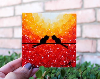 Love birds Painting, Original Artwork, Whimsical art, Sunset painting Mini Canvas art, love birds art, Canvas Mini painting, kissing birds