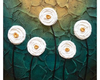 Contemporary art, Giclee print of textured floral art, Emerald gold art, white floral art, square modern art, White gold wall art Floral