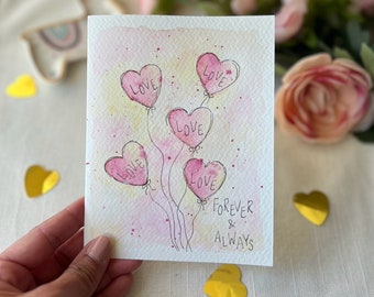 Hand painted card, Valentine’s card, watercolor greeting, Original artwork, colorful Hearts , Love you card for her, anniversary card cute