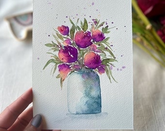 Original watercolor painting, loose floral painting, colorful watercolor, red violet tulip in vase artwork, impressionistic watercolor