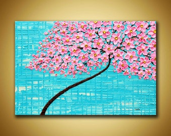 Large Floral tree Pink flowers Art Textured floral canvas Pink Turquoise Art Cottage chic decor Pink Wall art 3d cherry Blossom painting