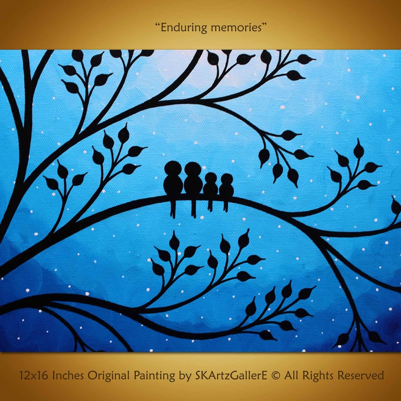 Family Birds Painting,blue Canvas Art, Birds on Tree Painting, Night