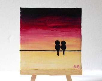 Mini Canvas Painting, Love birds painting, Purple sunset art, Birds on wire art Mini Canvas art, Love birds art, Desktop decor Mini bird art