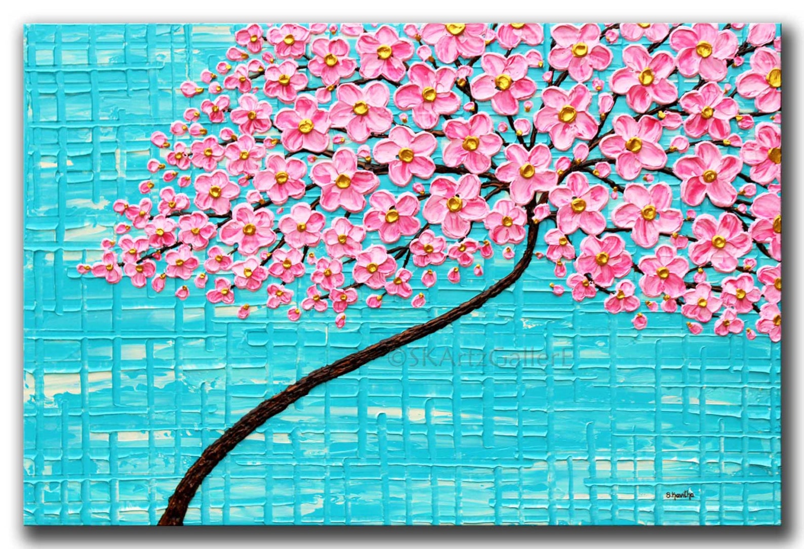 Large Floral Tree Pink Flowers Art Textured Floral Canvas Pink