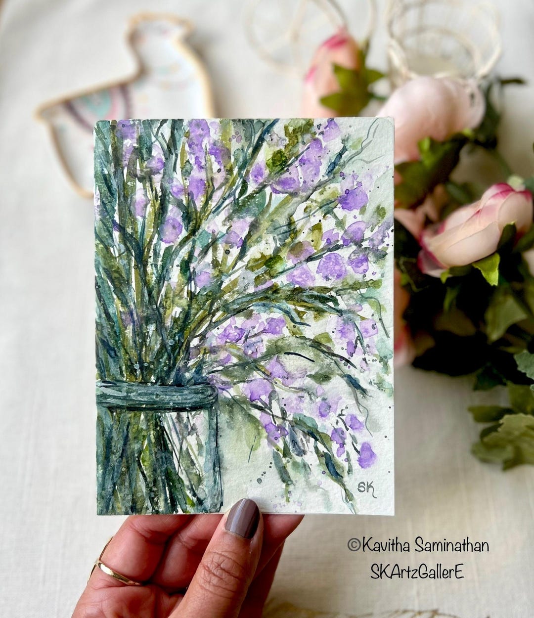 Hand Painted Watercolor Floral Card, Lavender Spring Artwork - Etsy