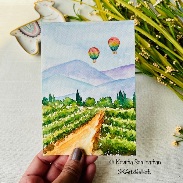 Original watercolor painting, winery painting, vineyard and hot air balloons, colorful landscape art, small watercolor landscape, winery art