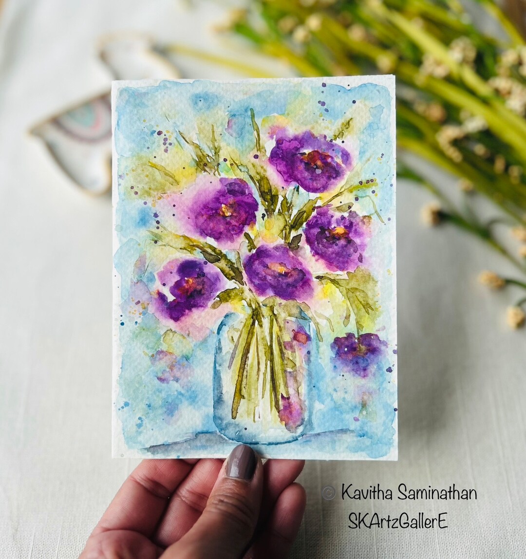 Hand Painted Violet Floral Watercolor Greeting Card, Original Artwork ...