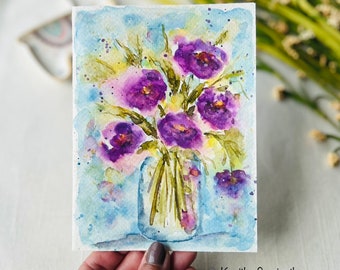 Hand Painted Floral Watercolor Greeting Card, Pink Violet Flowers ...