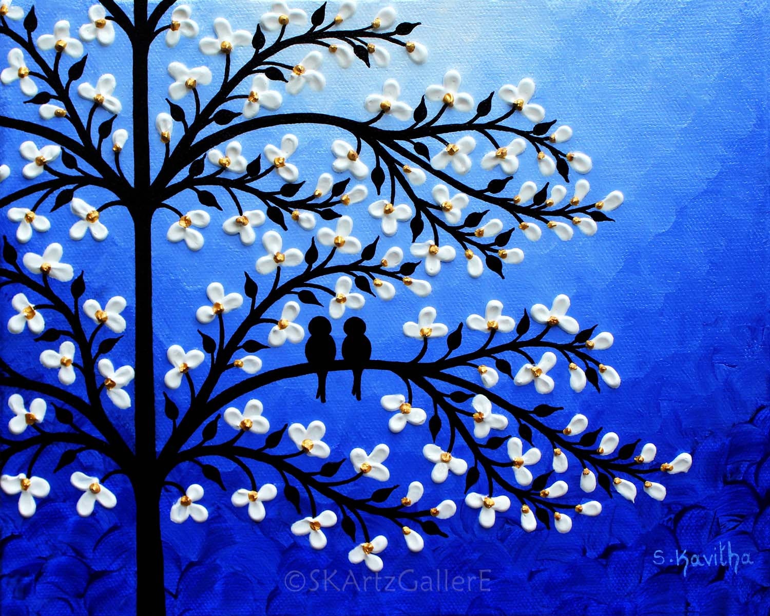 Birds on Tree Art Print Love Birds Wall Art Blue Nightscpae Art Starry