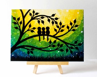 Family birds Painting, Mini Canvas art, Yellow green blue Birds on tree artwork, Mini Painting easel Desktop decor, Whimsical art family