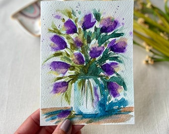 Hand painted card, Watercolor greeting, Original artwork, colorful watercolor card, floral  card, Mother’s Day card, purple tulips card