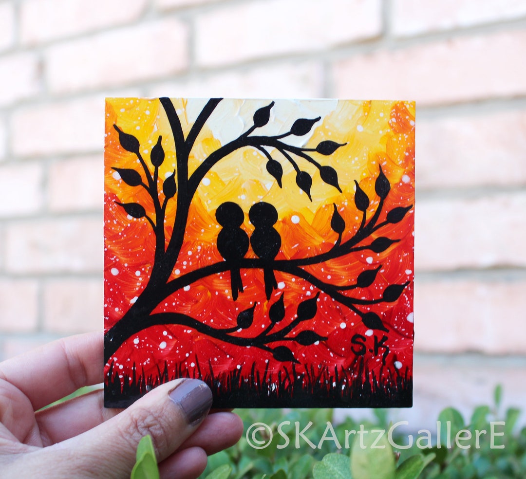 Love Birds Sunset Painting, Original Mini Canvas Art - Etsy