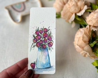 Hand painted bookmark, floral bookmark, pink flowers in vase, watercolor painting, book lovers gift, magenta artwork