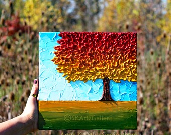 Colorful fall painting original artwork Fall tree painting Modern landscape Textured Wall Art 10x10 Abstract tree painting Fall decor Gift