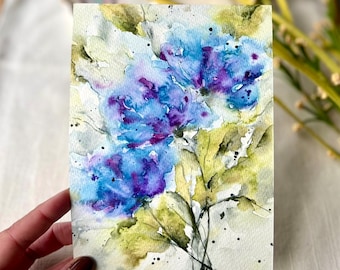 Original watercolor painting, loose floral painting, colorful watercolor, blue flowers artwork, impressionistic watercolor, semi abstract