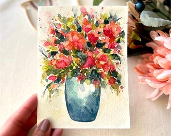 Hand painted card, Watercolor greeting, Original artwork, colorful watercolor card, floral greeting card, flowers in vase art