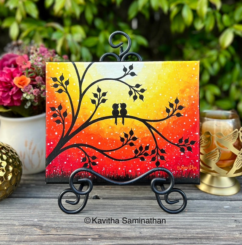Love Birds Painting Original Sunset Art 8x10 Canvas Yellow Orange ...