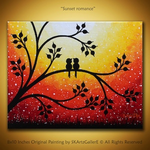Love birds painting Original sunset art 8x10 Canvas Yellow orange painting birds on tree orange sunset art Whimsical wall art Love valentine