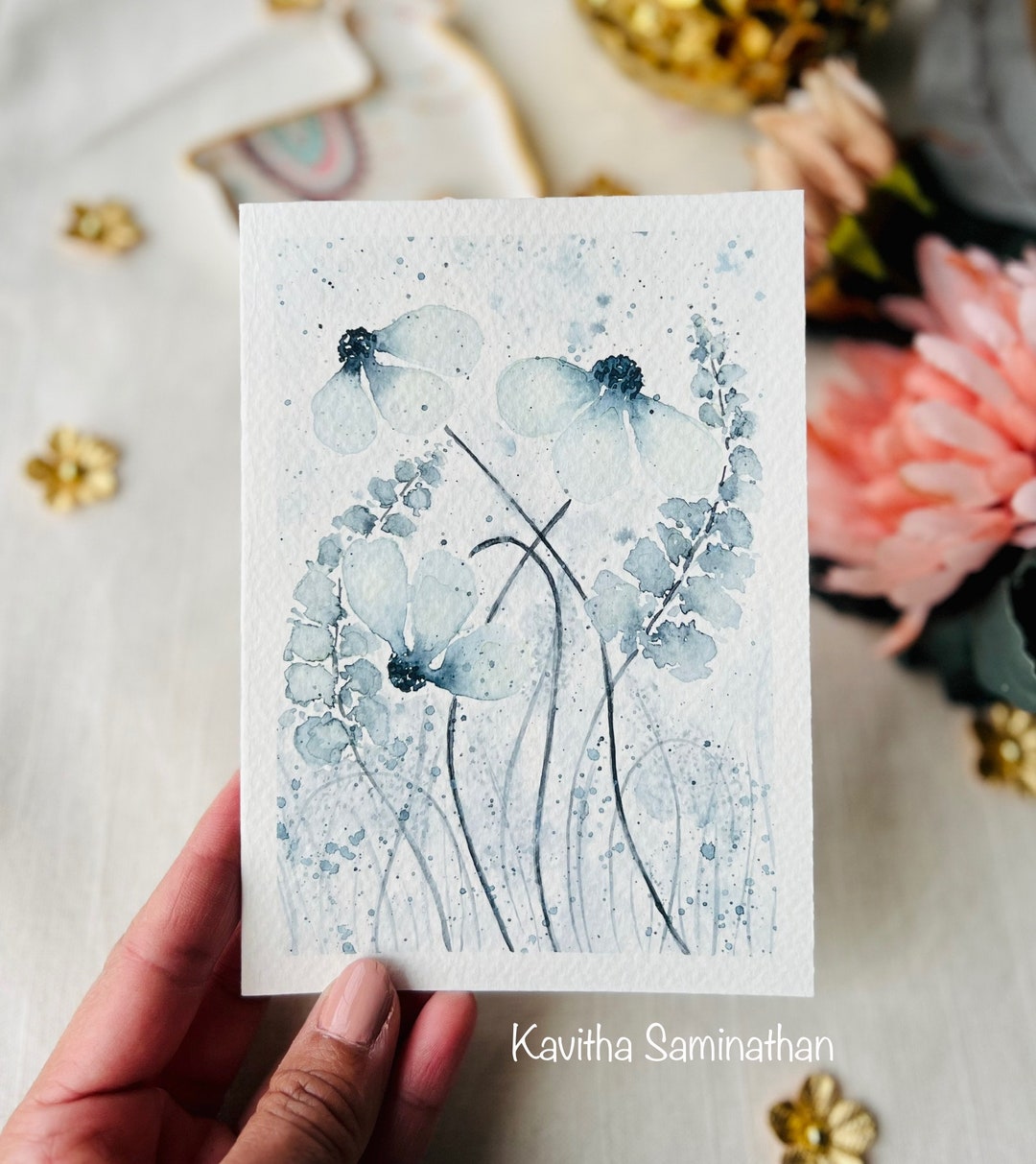 Hand Painted Floral Watercolor Card, Serene Blank Greeting - Etsy