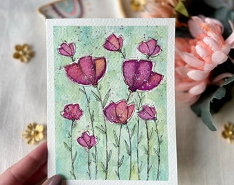 Hand painted card, Watercolor greeting, Original artwork, Pink orange flowers, Blank card, Birthday Greetings, Thank you card