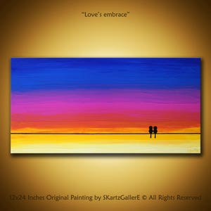 Love birds art, Original artwork,Blue pink sunset art Love birds painting, Birds on wire art, Love birds decor, Pink canvas art Sunset blue
