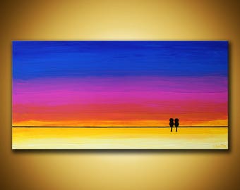 Love birds art, Original artwork,Blue pink sunset art Love birds painting, Birds on wire art, Love birds decor, Pink canvas art Sunset blue