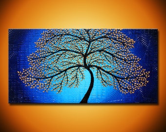 Golden Tree Original Painting, 24x48 inches 3D Art, Blue Gold Textured Art, Contemporary Tree Painting, Large Midcentury Modern Art