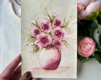 Original watercolor painting, loose floral painting, colorful watercolor, dusty rose in vase artwork, impressionistic watercolor, rose paint