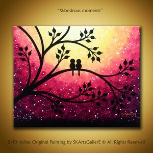 Original painting, love birds art, birds on tree, whimsical painting, sunset painting, wedding gift, anniversary gift, birds painting 8x10