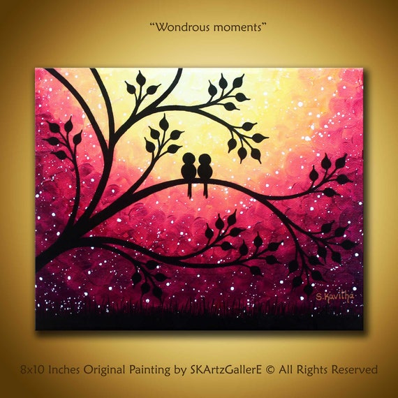 Love Birds Painting Original Sunset Art 8x10 Canvas Purple Pink