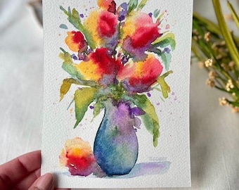 Original watercolor painting, loose floral painting, colorful watercolor, yellow tulip flowers in vase artwork, impressionistic watercolor
