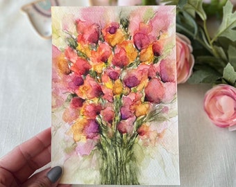 Original watercolor painting, 5x7 loose floral painting, colorful watercolor, pink florals,  impressionistic floral watercolor