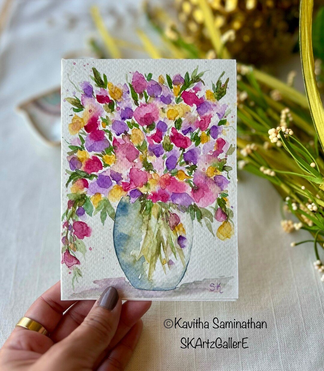Original Floral Watercolor Painting Card, Flowers in Vase Art - Etsy