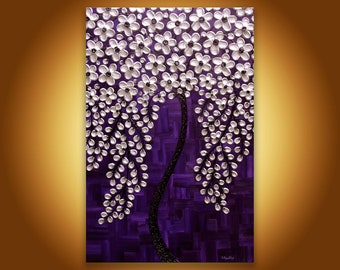 Large tree painting Purple Silver blossom tree Original Textured wall art Silver flower tree Purple Living room decor 3d art 24x36 impasto