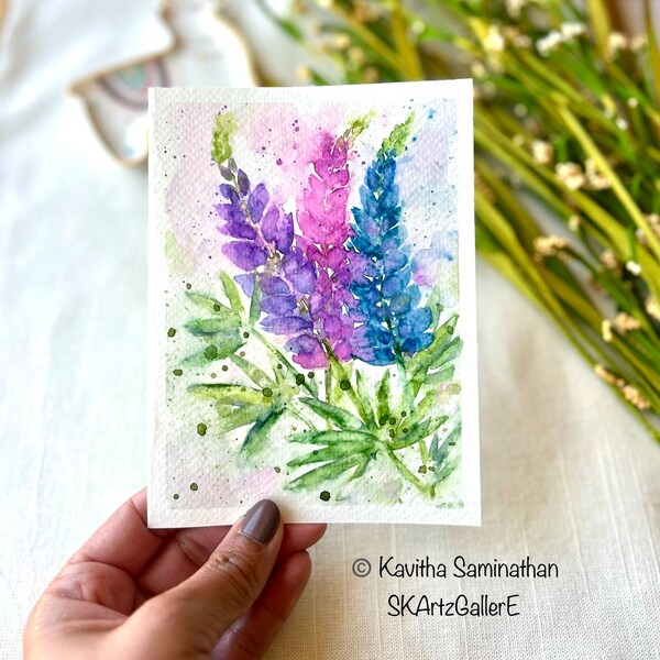 Hand painted card, Watercolor greeting, Original artwork, floral greeting card, lupine painting, loose floral painting, Mother’s Day car