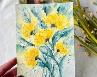 Original watercolor painting, loose floral painting, colorful watercolor, yellow flowers painting, impressionistic watercolor, blue yellow